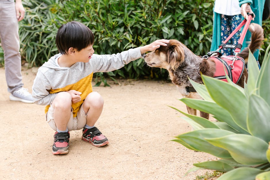 Smiling child petting a dog outdoors, highlighting companionship and joy.