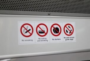 Close-up of various prohibition signs including no smoking and no durians.
